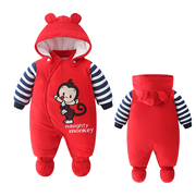 新生婴儿连体衣冬季加厚男宝宝秋冬装外套装，0岁1红色满月棉衣