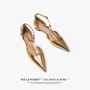 WILLWISHES 法式女鞋2023尖头平底单鞋金色T字带包头凉鞋女夏