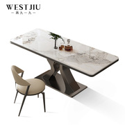 餐桌椅组合轻奢现代高端家用饭桌，一桌四椅长方形，亮光岩板吃饭桌子