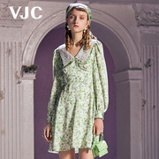 vjc威杰思春夏女装，绿色气质翻领时尚碎花修身连衣裙