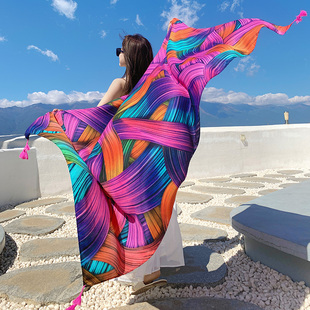 波西米亚彩虹旅游防晒丝巾，女夏季薄款民族风，围巾披肩外搭超大纱巾