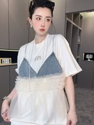rrfashion短袖t恤女2024夏季设计感中长款网纱拼接圆领上衣
