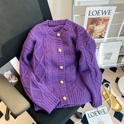 紫色麻花针织开衫女短款2022春季日系减龄温柔风粗线毛衣外套宽松