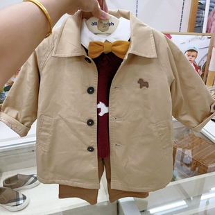 韩国飞马童装23秋男女童宝宝简约洋气卡其色，单排扣风衣外套