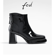 fed瘦瘦靴冬季靴子粗跟时装靴高跟短靴黑色皮靴女R0916-YA153