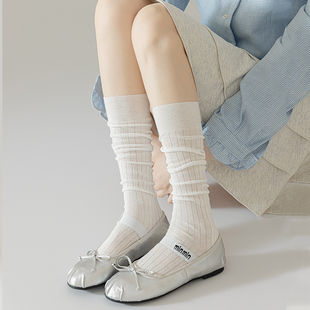 白色竖条小腿袜子女夏季薄款miu风走秀款纯棉，中长筒jk及膝堆堆袜