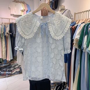 qz2021韩版短袖娃娃，领系带蕾丝镂空气质名媛，雪纺衫女蕾丝衫女