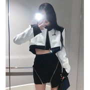 2025春季辣妹风短款机车服皮夹克撞色皮衣外套女拉链半身裙两件套