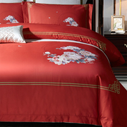 160支新中式印花四件套全棉纯棉床单被套红色高端结婚庆床上用品