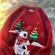红色圣诞毛衣男女情侣圣诞节礼物送女朋友刺绣针织衫新年生日