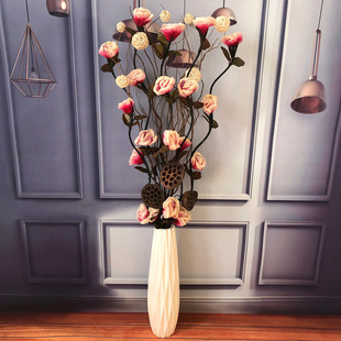 客厅装饰花创意摆件大型落地仿真花束干树枝，插花玫瑰牡丹叶脉假花