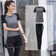 瑜伽服套装女健身服跑步训练衣运动套装女春夏短袖长裤2件灰