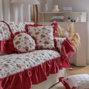 复古小玫瑰裙摆沙发垫大红纯棉，法式坐垫结婚喜庆防滑北欧简约欧式