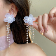 白色水晶珍珠流苏花朵耳环夏天长款仙气耳钉海边小众独特气质耳饰