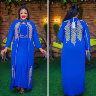 非洲优雅连衣裙2件套，昂贵前后烫钻立领长袖非洲时尚设计2023