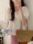韩国chic夏季简约纯色甜美系带圆领，泡泡袖衬衫宽松娃娃衫洋气上衣