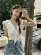 韩系白色系带无袖衬衫女夏季修身辣妹风气质短款设计感上衣潮