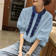 蓝色泡泡袖T恤女小个子时尚休闲雪纺上衣欧货2024年夏季女装