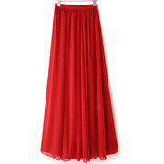 大红色雪纺半身裙女高腰双层显瘦长裙，广场舞跳舞裙休闲飘逸舞裙子