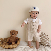 ins24夏季婴儿条纹连体裤纯色短袖上衣两件套宝宝背带裤套装
