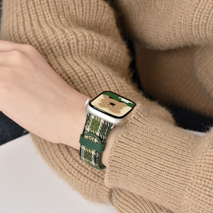 适用applewatchs9格子纹毛呢真皮表带iwatch高级新拼色小众表带，苹果手表带ultras87654se秋冬女圣诞新年