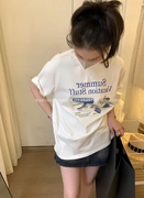 韩系高级印花白色短袖t恤女夏夏季(夏夏季)宽松体恤纯棉上衣设计感小众女