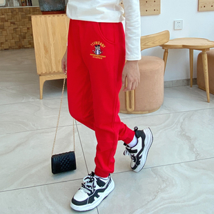 女童运动裤春装红色裤子儿童，休闲卫裤纯棉，修身小脚2022长裤子