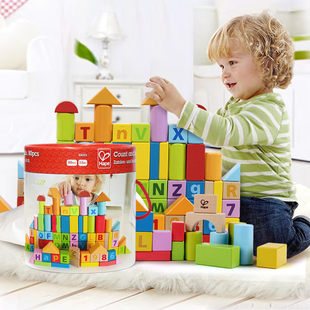 德国Hape木制桶装80粒儿童积木拼装益智玩具智力动脑1-2-3到6周岁