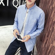 韩国春季日系复古英伦立领，衬衣夏薄青少年潮男小清新纯棉长袖衬衫