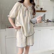 夏季 韩式短袖短裤花边蕾丝睡衣套装 纯棉纱布薄款可爱甜美透气