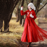 红色裙摆式刺绣，连帽毛呢外套女冬中长款拼接网纱呢子大衣