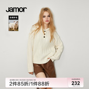 jamor简约连帽针织衫女2023冬季百搭通勤白色，上衣毛衣加墨