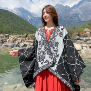 民族风针织披肩女青海西藏旅游斗篷披肩围巾两用加厚保暖外搭披风