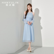 韩语琳蓝色连衣裙女春秋2024高级感气质显瘦秋季法式长袖裙子