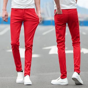 纯红色牛仔裤男休闲修身弹力，小脚裤韩版潮流个性紧身帅气长裤