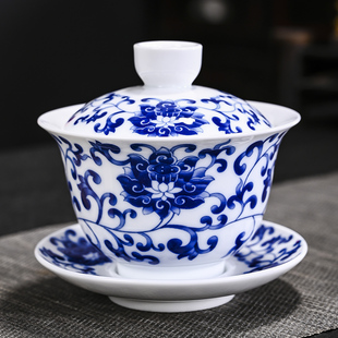 青花瓷三才盖碗茶具套装茶碗，带盖大号单个功夫泡茶白陶瓷(白陶瓷)茶盏茶杯
