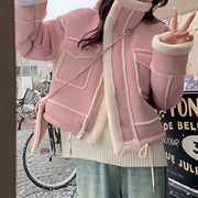粉色毛绒机车服外套女2023冬季韩版宽松韩版百搭气质上衣