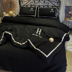 黑色水洗棉四件套磨毛床单被套轻奢高级感被罩床上裸睡床笠款夏季
