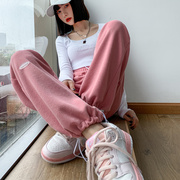 粉色运动裤女春秋季宽松束脚ins潮抽绳卫裤垂感小个子，休闲阔腿裤