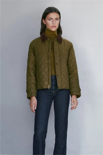 Massimo Dutti女装 秋冬短款军绿色棉服轻薄棉衣菱格夹棉外套