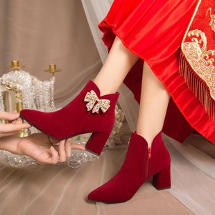 婚鞋女冬季加绒短靴2023红色，结婚靴子秀禾婚纱两穿新娘高跟鞋