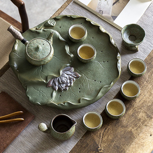 中式粗陶功夫茶具，套装家用陶瓷茶盘办公室，小茶台茶杯茶壶
