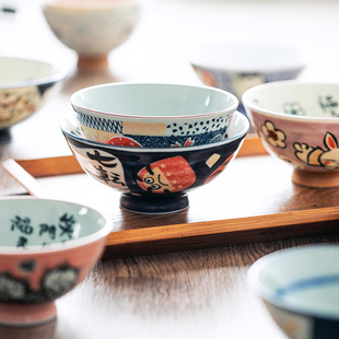 日本进口美浓烧家用米饭碗招福动物小碗招财猫达摩陶瓷碗日式餐具
