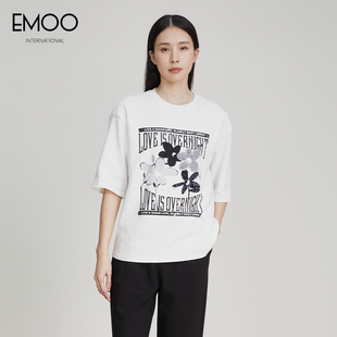 EMOO杨门创意字母印花亮片刺绣棉短袖T恤女春夏时尚宽松上衣