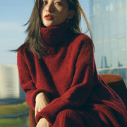 法式加厚高领毛衣打底长裙，红色针织连衣裙秋冬内搭宽松时尚暖和