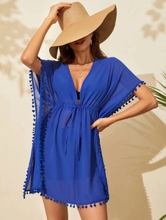 夏季v领宝蓝色度假沙滩性感，罩衫波西米亚，短袖连衣裙防晒衫女