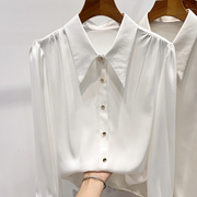 2023韩国修身显瘦翻领，单排扣纯色长袖，雪纺衬衫女夏季缎面衬衫
