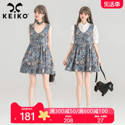keiko温柔复古减龄牛仔，连衣裙夏季蝴蝶彩印a字显瘦背心短裙小个子