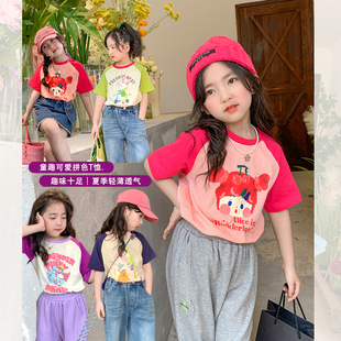 mini旦女童插肩袖撞色短袖t恤夏季儿童，韩版洋气卡通印花上衣