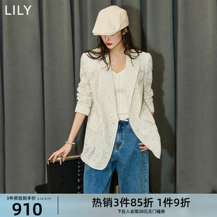 LILY2024夏女装浪漫镂空蕾丝都市复古双排扣气质休闲西装外套